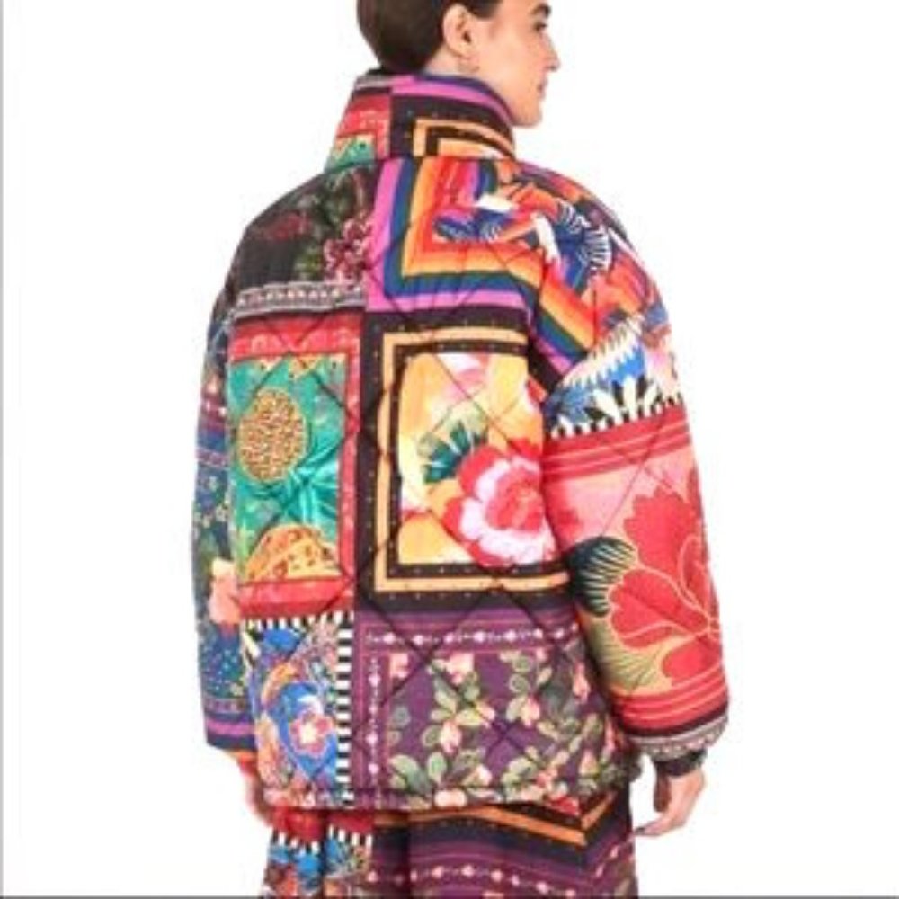 FARM Rio Mixed Scarves Reversible Puffer Jacket Patchwork Dopamine - Picture 4 of 14
